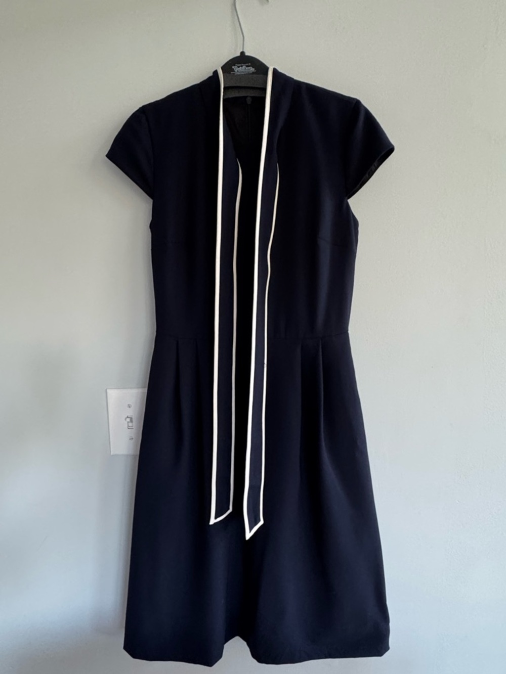 J. Crew Navy Blue Tie Neck Midi Fit and Flare Dress - Picture 3 of 7